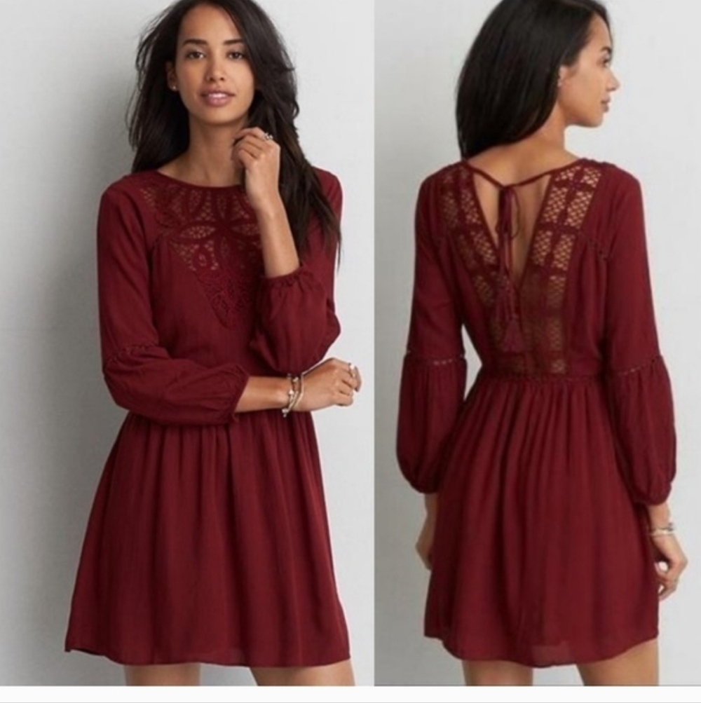 American Eagle Outfitters burgundy Long Sleeves Crochet  Dress XS